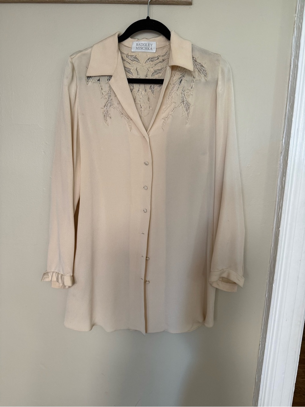 Badgley Mischka Cream Beaded Button-Front Blouse, embroidered